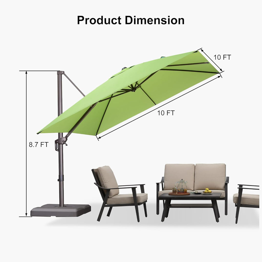 PURPLE LEAF 10' X 10' Patio Cantilever Umbrella with Base Included Antique Bronze Square Outdoor Umbrella with 360° Rotation and Aluminum Offset Hanging for Garden Backyard Pool, Green