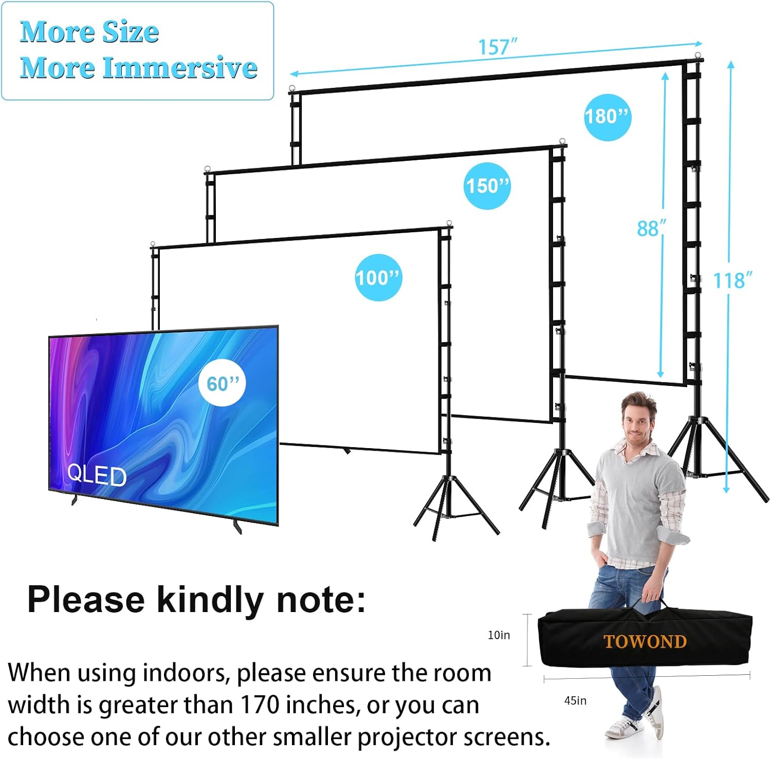 TOWOND Projector Screen and Stand, 180 inch Outdoor Projector Screen 15 FT Large Projection Screen, Portable 16:9 4K HD Rear Front Movie Screen with Carry Bag Wrinkle-Free Design for Backyard Theater