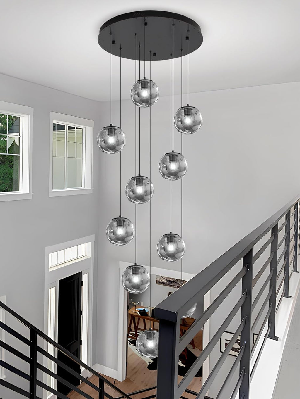 ykolupty H138 Modern Smoke Glass Globe Chandelier Large Chandeliers for High Ceiling 10-Lights Entryway Modern Lighting Fixture Glass Globe Pendant Light for Living Room Foyer Hallway