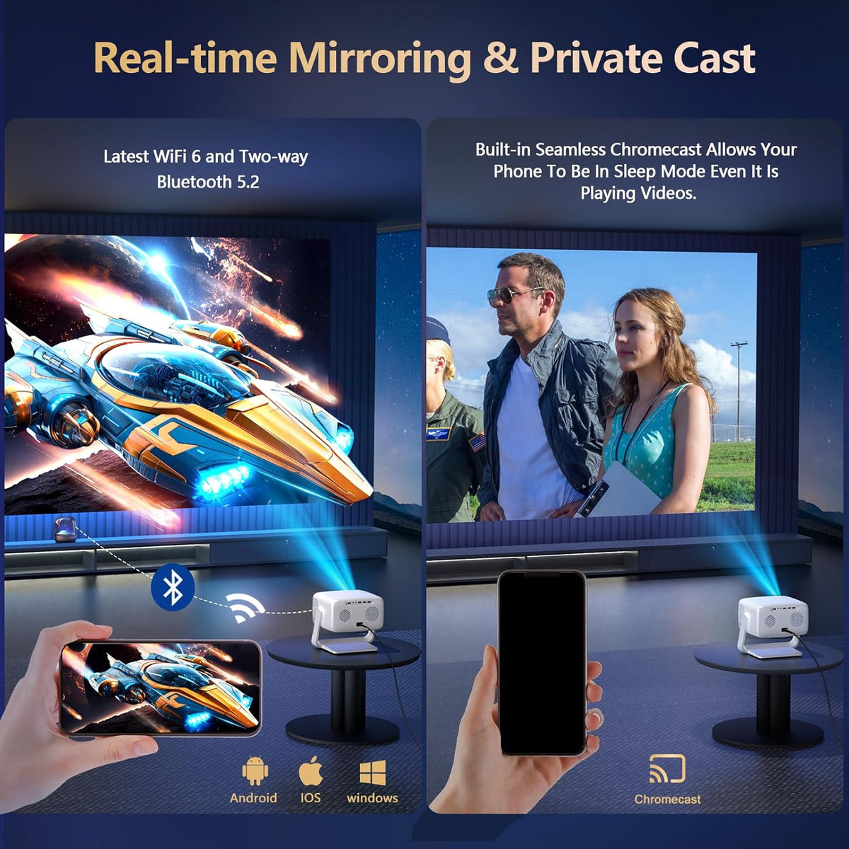 3500-Ultra Bright/Official Apps Downloads/65W Dolby Audio/4K Support Smart Outdoor Projector with WiFi and Bluetooth, Auto Focus, All-in-One Streaming Apps Proyector, 2026 Upgraded from Grey Model