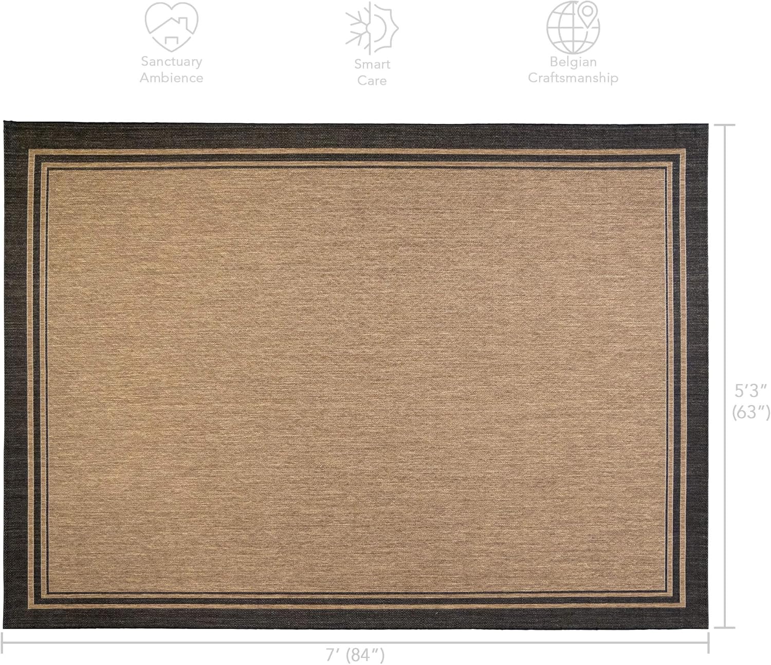 Gertmenian Indoor/Outdoor Flatweave Area Rug - 5x7 Standard, Stain & UV Resistant, Ideal For Deck, Patio, Poolside, Mudroom - Simple Border, Black Tan, 21490