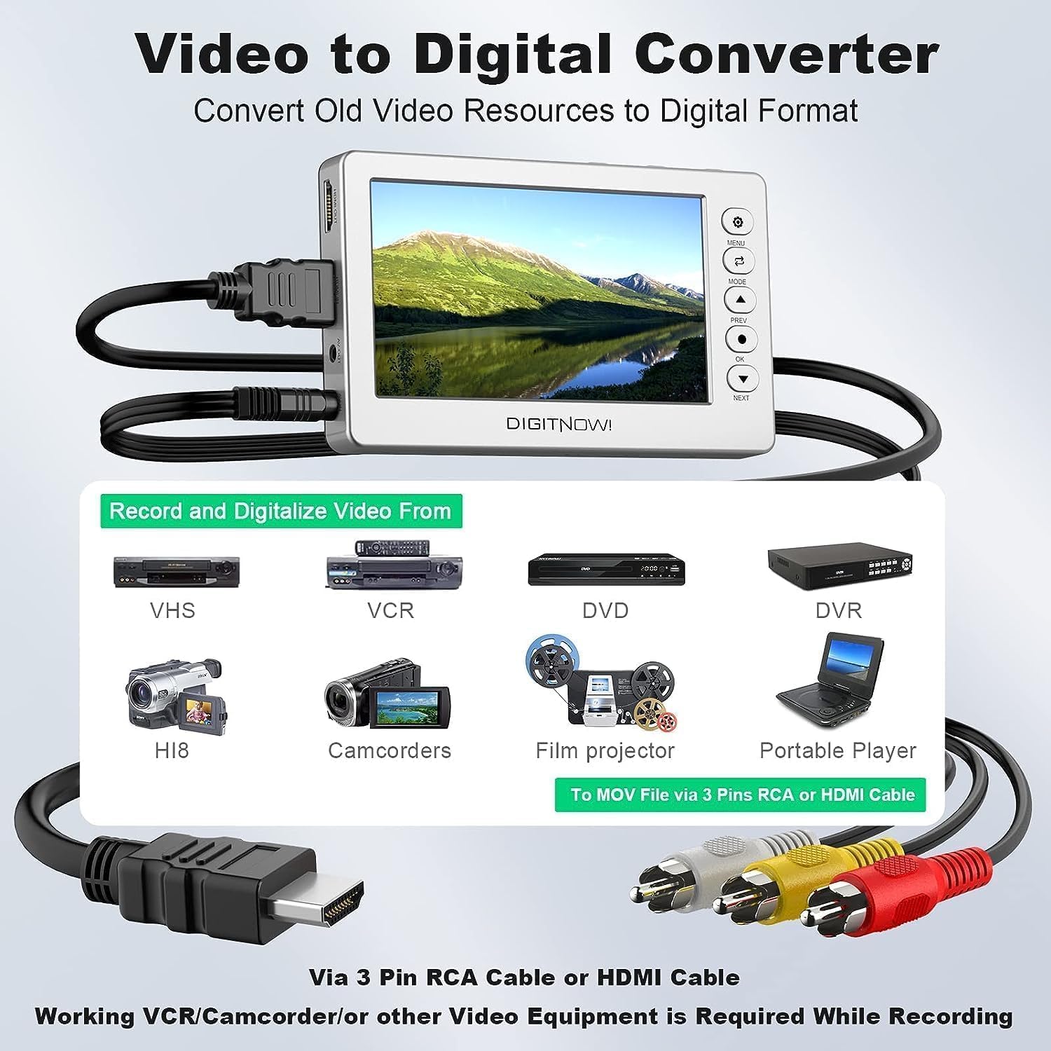 VHS to Digital Converter, Video to Digital Converter,1080P Video Converter Machine, Analog to Digital Converter, Video Audio Recording from VCR, VHS, DVD, Mini DV, Tapes, Hi8, Camcorders