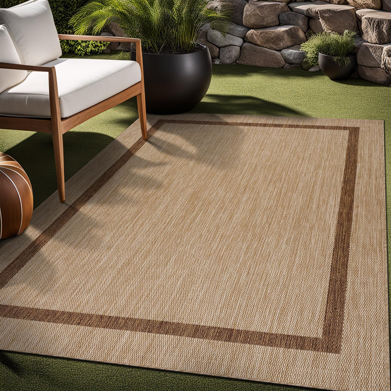 Luul Home Bordered Outdoor Rug 9x12 Washable Outside Carpet for Indoor Patio Porch Waterproof Easy Cleaning Non Shedding Area Rugs Jute Beige - Nut Brown 9 x 12
