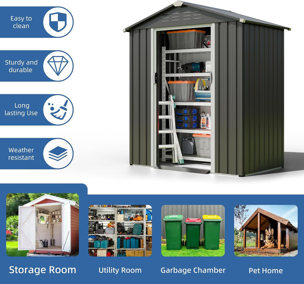 JY QAQA 5x3 FT Metal Outdoor Garden Storage Shed,Waterproof Metal Garden Sheds with Window and Lockable Double Door,Weather Resistant Steel Tool Storage House Shed forPatio,Lawn (Gray)