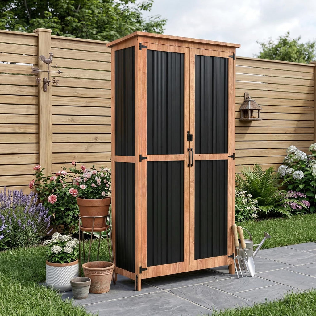 Greesum Outdoor Storage Cabinet with 3 Adjustable Shelves, Wood & Metal Garden Storage with Lockable Doors, Tall Weatherproof Shed for Tools, Lawn Equipment, Pool Accessories, Black