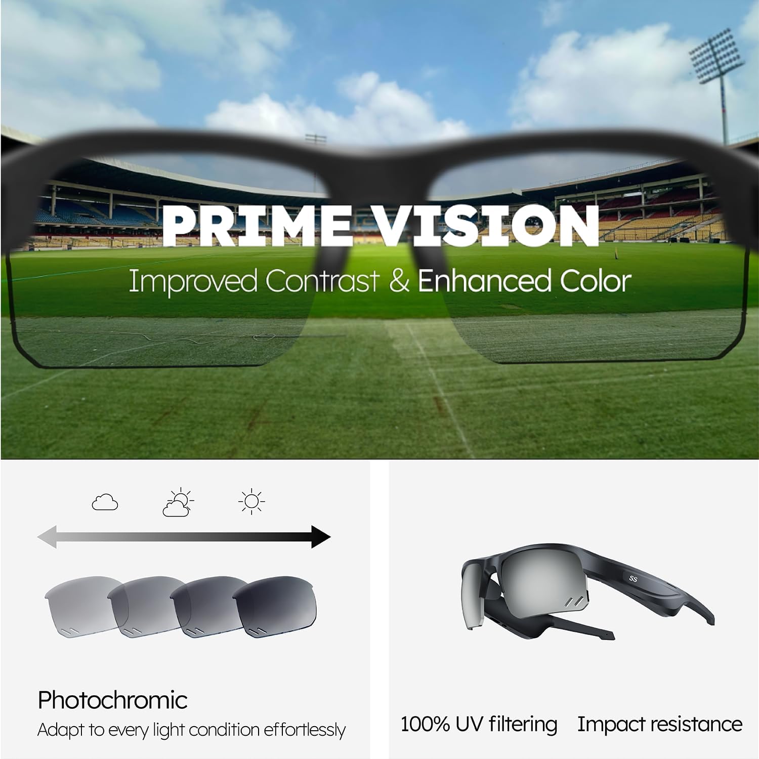 Sports Audio Sunglasses, Smart Bluetooth Glasses for Cycling, Running and Hiking. Black Frame & Transition AR Purple.
