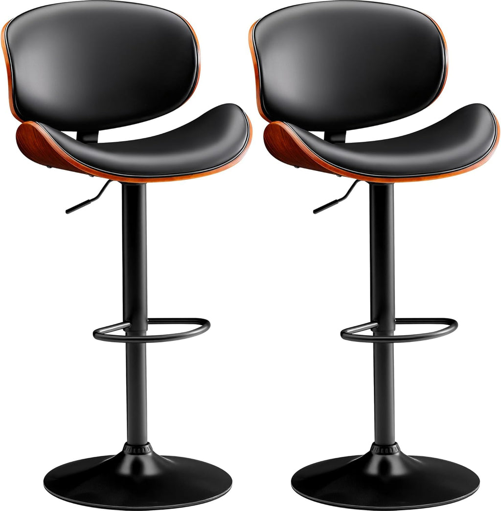 Furmax Bar Stools Set of 2 Adjustable Swivel Bentwood Barstools PU Leather Modern Bar Chairs with Back & Footrest for Bar, Kitchen Island, Dining Room (Black, Set of 2)
