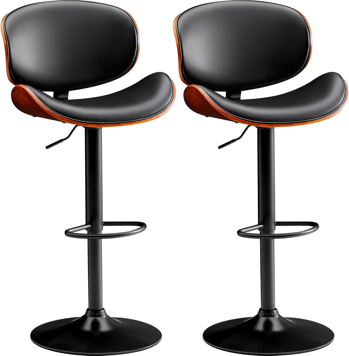 Furmax Bar Stools Set of 2 Adjustable Swivel Bentwood Barstools PU Leather Modern Bar Chairs with Back & Footrest for Bar, Kitchen Island, Dining Room (Black, Set of 2)