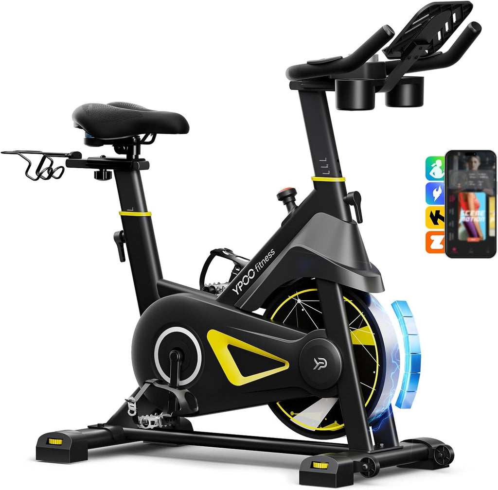 YPOO Exercise Bike, Adjustable Magnetic Resistance Stationary Bikes for Home Cardio with Exclusive App, Indoor Bike with 330lbs Weight Capacity Comfortable Seat, Tablet Mount and Fitness Courses