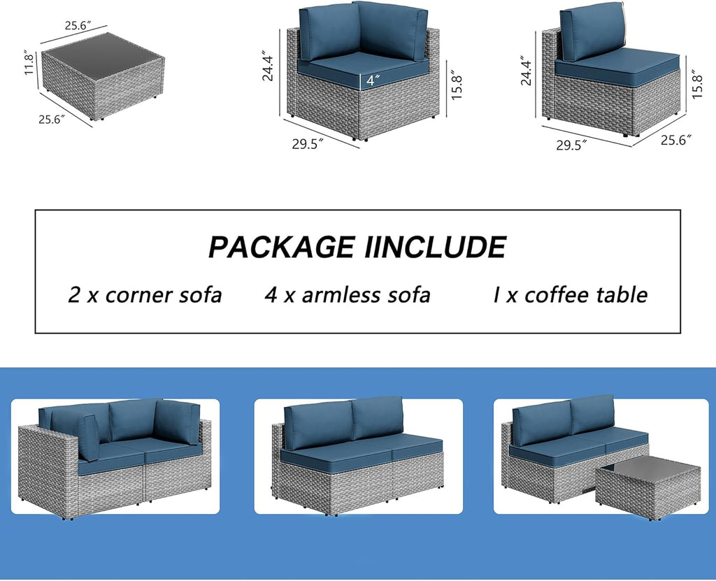 Shintenchi 7 Pieces Outdoor Patio Furniture Sets, Patio Sectional Sofa Couch, Gray PE Wicker Furniture Modular Patio Conversation Sets Patio Sofa with Washable Cushions, Aegean Blue
