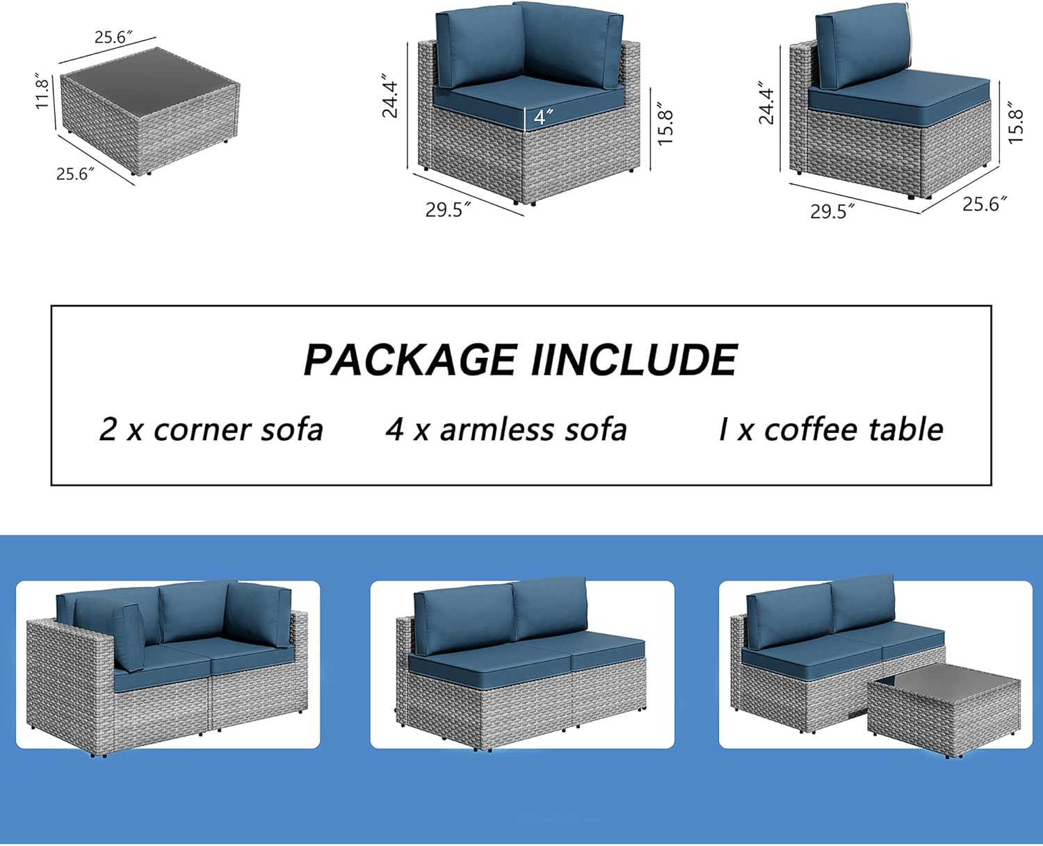 Shintenchi 7 Pieces Outdoor Patio Furniture Sets, Patio Sectional Sofa Couch, Gray PE Wicker Furniture Modular Patio Conversation Sets Patio Sofa with Washable Cushions, Aegean Blue