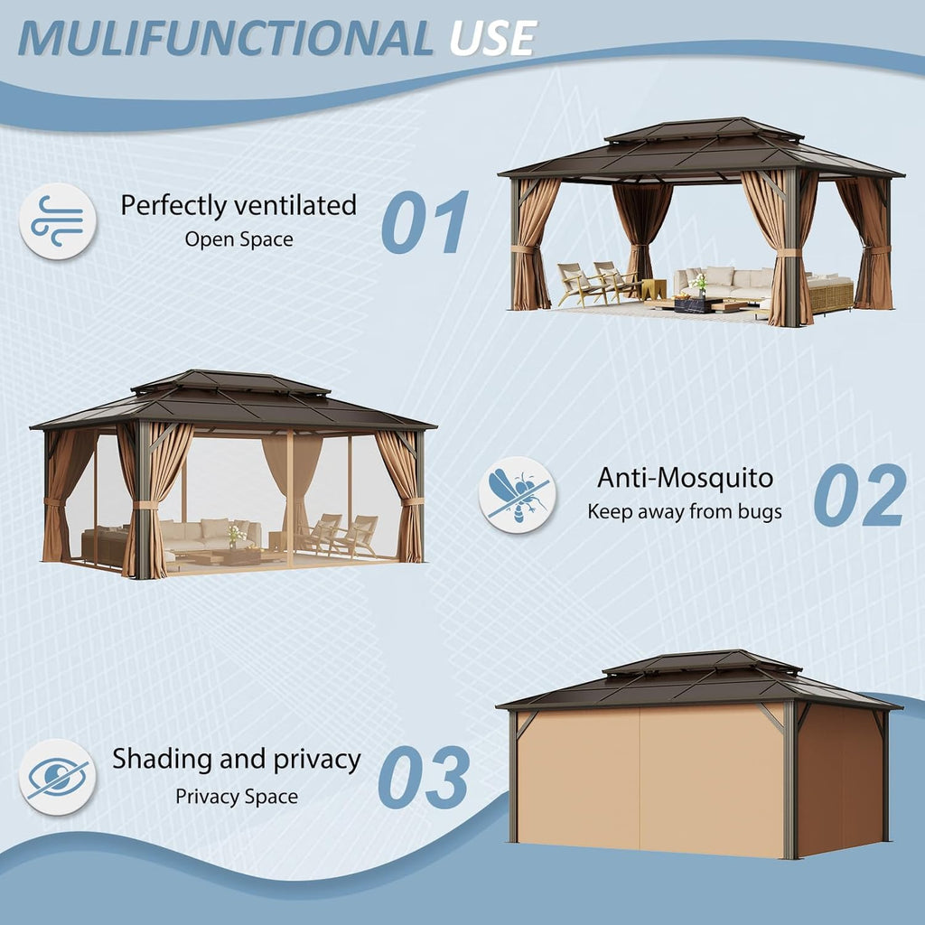 Aoxun 12'x16' Hardtop Gazebo, Aluminum Frame Permanent Pavilion with Curtains and Netting, Outdoor Polycarbonate Double Roof Canopy, Designed for Garden, Lawns, Patio
