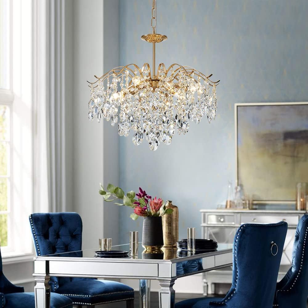 Saint Mossi 6-Light Gold Crystal Chandeliers, Middle Century Dining Room Light Fixture, Modern Pendant Light for Living Room, D20 x H17, Adjustable Chains 59", Chopper Finish Metal Frame