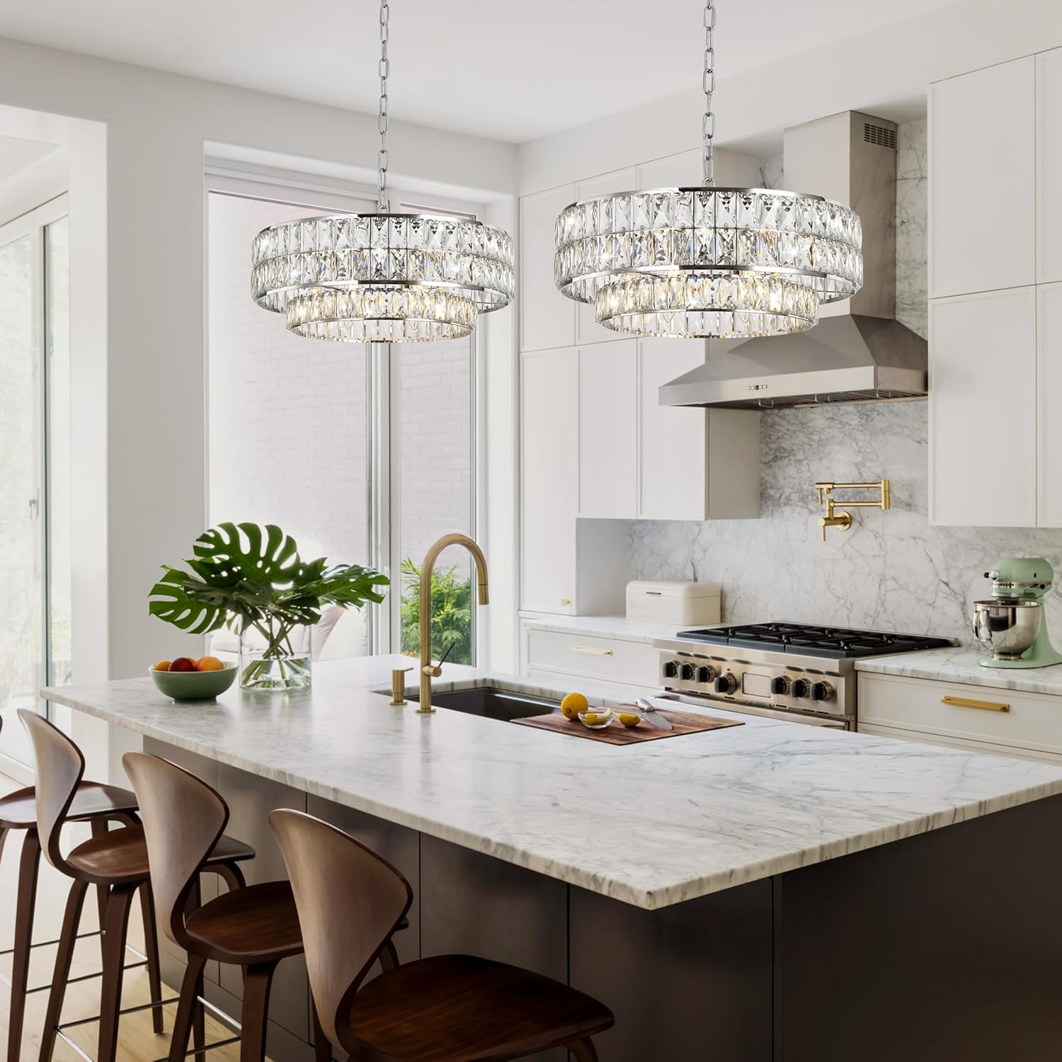 20 Inch Contemporary Luxury Crystal Chandelier, 6-Light Chrome Semi-Flush Mount Ceiling Fixture, Round Crystal Pendant Design Perfect for Living Room, Dining Room, Kitchen, Foyer & Bedroom