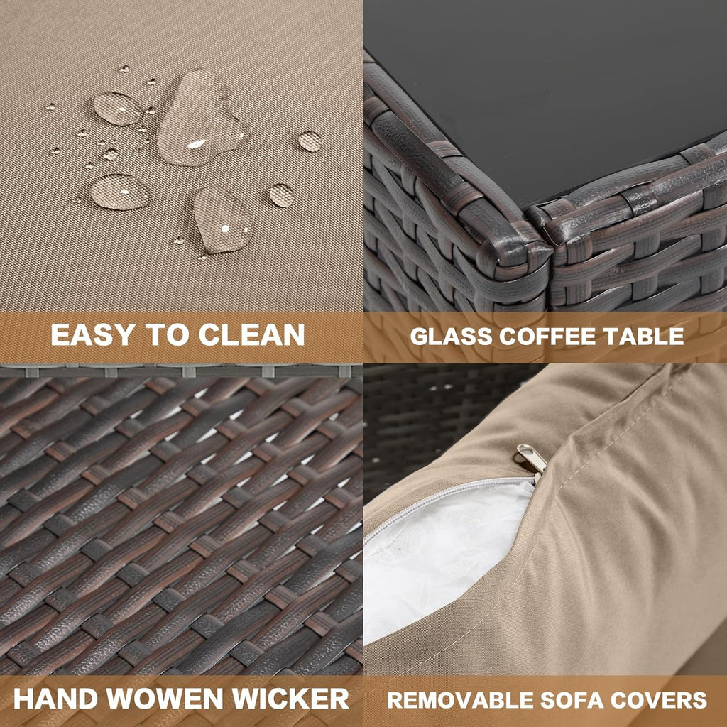 MOCHITO 7 Pieces Outdoor Patio Furniture Sets, All-Weather Sectional Sofa Dark Brown PE Rattan Wicker Conversation Set with Glass Table and Washable Khaki Cushions for Backyard,Sunroom,Garden,Porch