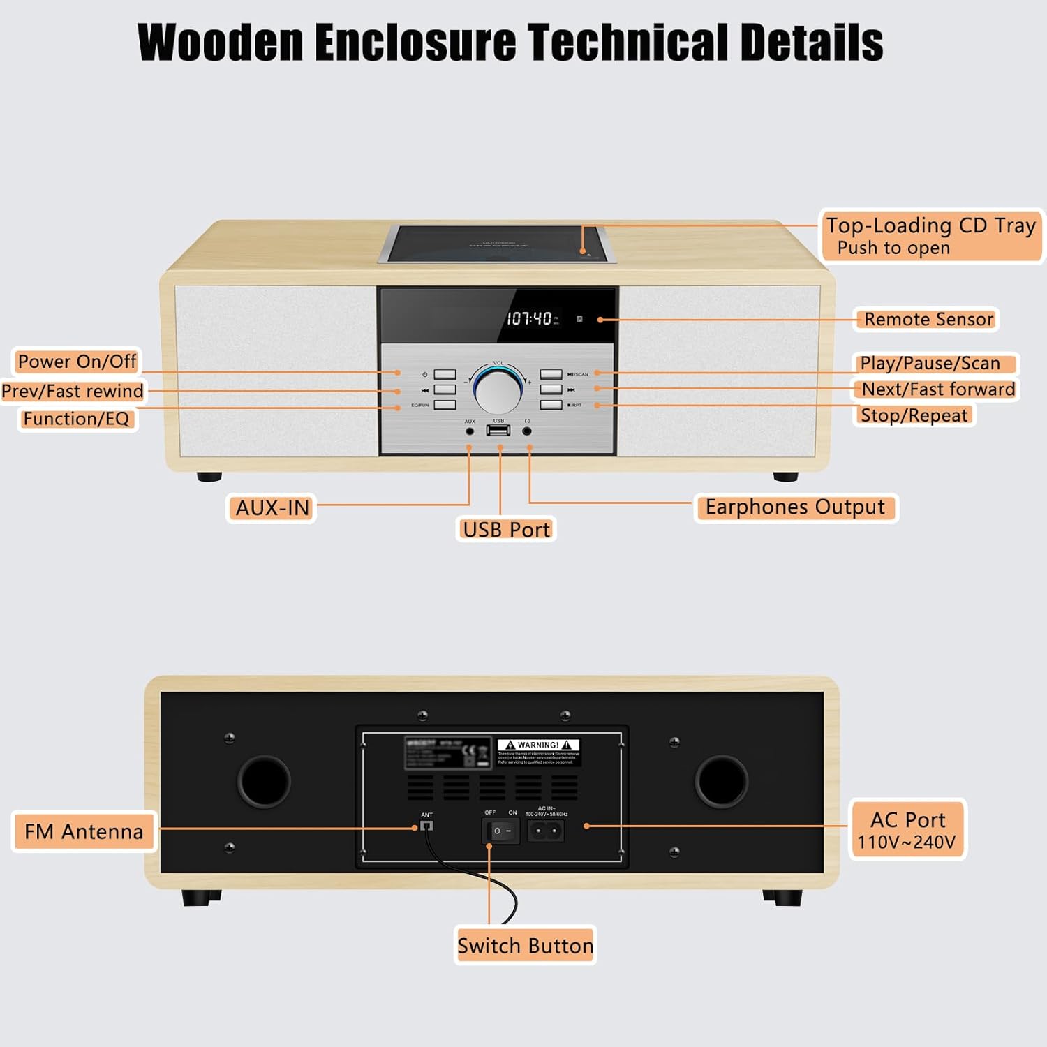 Bluetooth Stereo System for Home with CD Player, Vintage Wooden Hi-Fi Music System with Bluetooth, FM Radio, AUX & USB Input, Remote Control, Compact Radio & Stereo