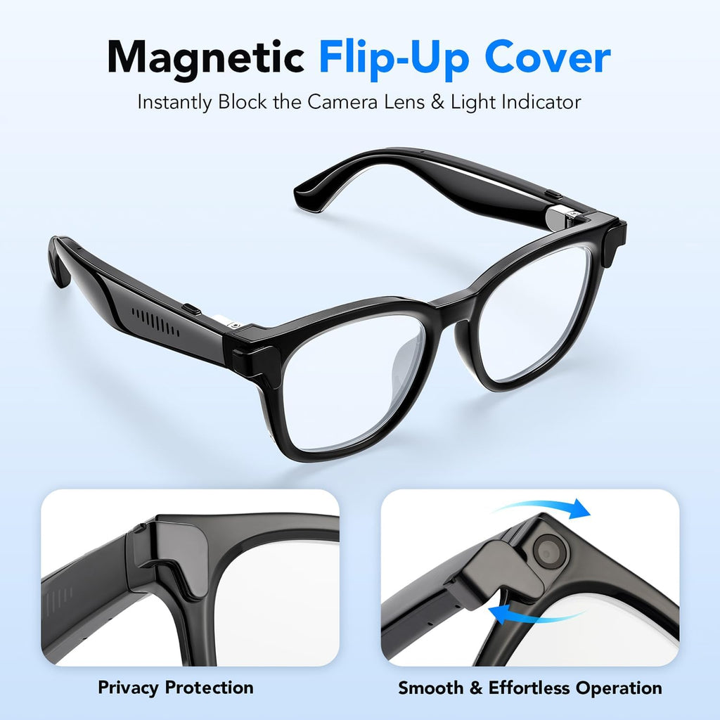 King Will AI Smart Bluetooth Glasses with 8MP Wide Angle Camera, Magnetic Flip Privacy Cover, Flexible 90° Bendable Spring Hinge, 1200P Anti-Shock Video Recording for Business Casual, Clear Lens