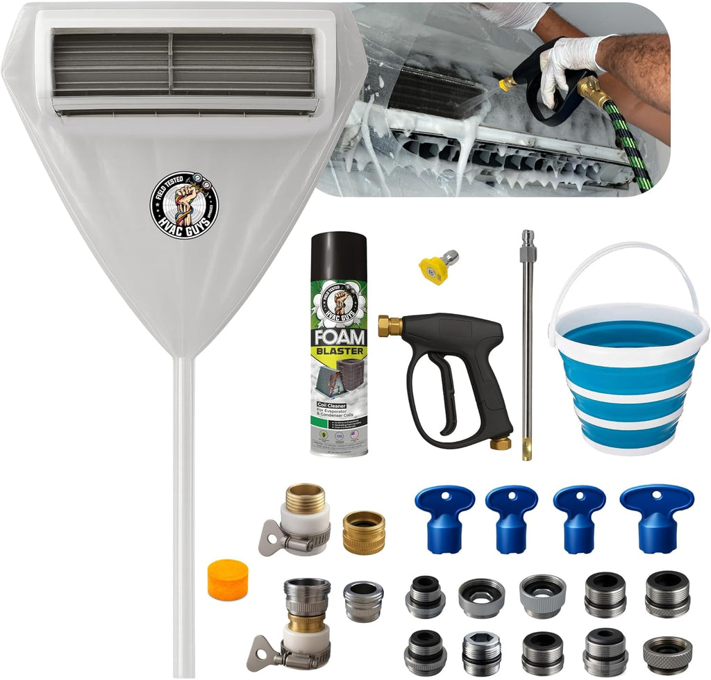 HVAC Guys Complete Mini Split Cleaning Kit | Mini Split Coil Cleaner Kit Includes 360 Degree Mini Split Cleaning Bag, Bucket, Spray Nozzle, Coil Cleaner, Faucet/Hose Adapter