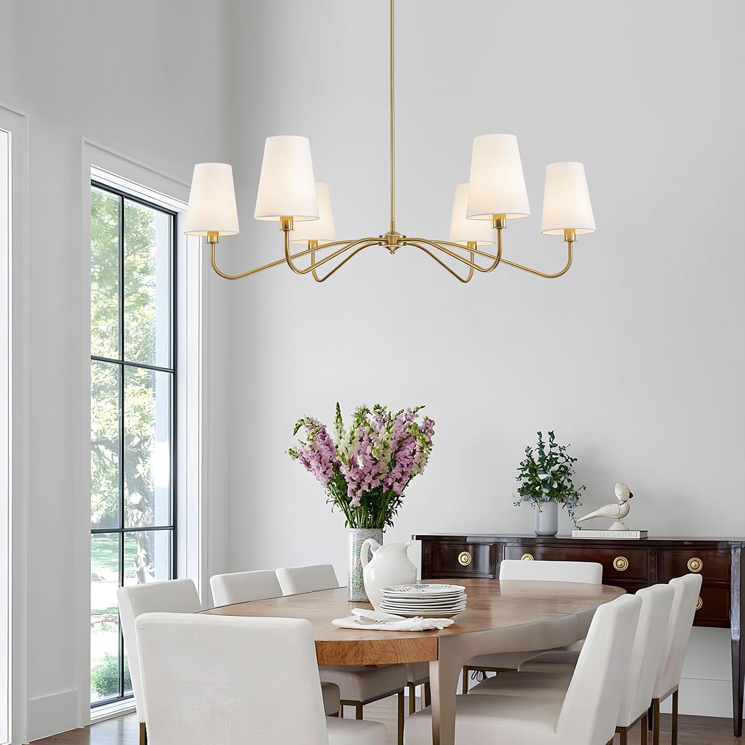 47'' Brushed Brass Chandelier with Shades, Oversized 6-Light Modern Chandelier for Living Room, Large Dining Room Light Fixture, Adjustable Brass Classic Pendant Light Fixture for Kitchen E12 Base