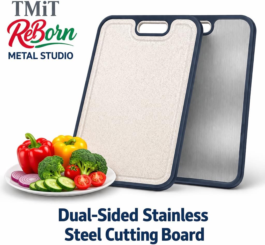 Stainless Steel Cutting Board 16 x 11 Inch, Double Sided Chopping Board with Wheat Straw Back, Vegetables & Fruit