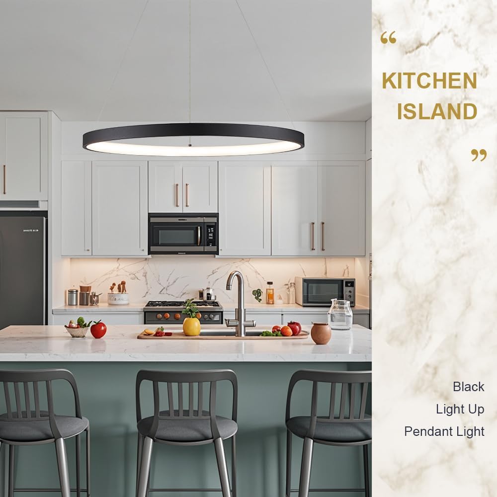Modern LED Pendant Light Black Ring Chandelier 24" Dimmable Flush Mount Pendant Chandelier for Dinning Room Office Kitchen Living Room,3000-6500K