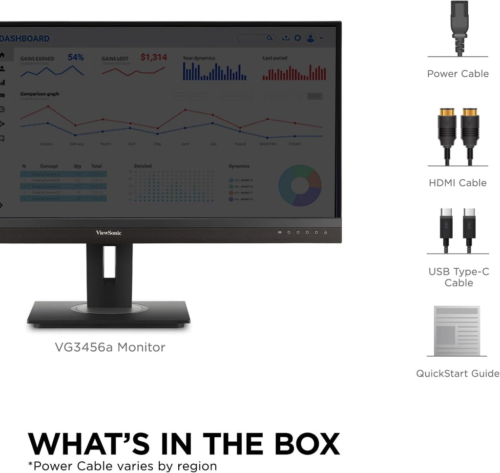 ViewSonic VG3456A 34 Inch 21:9 Ultrawide QHD 1440p IPS Monitor with Ergonomic Design, 100W USB C, Docking Built-in, Gigabit Ethernet RJ54 for Home and Office