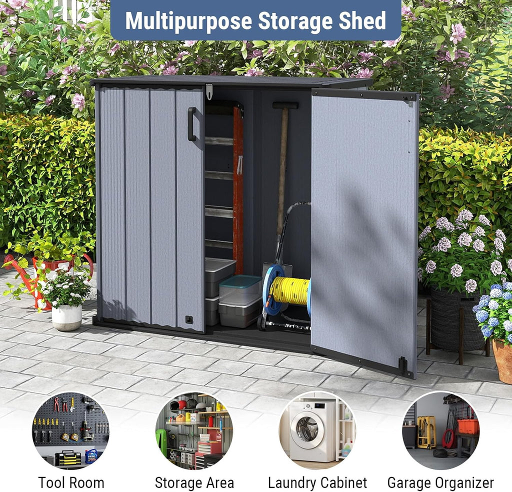 Tangkula 23.5 Cu.ft Outdoor Storage Shed, All-Weather Resin Patio Storage Box with Floor & Lockable Door, Waterproof Deck Box for Garden Tools, Pool Accessories