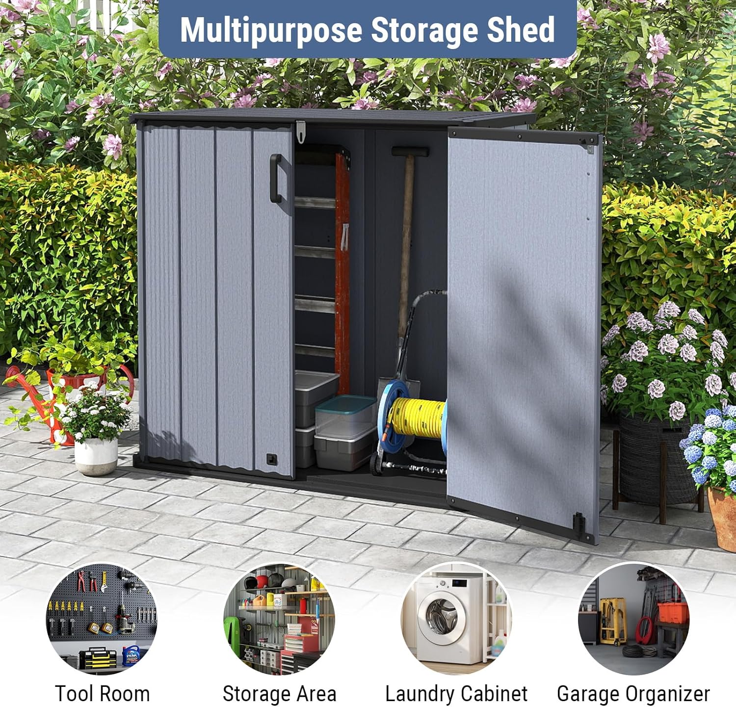 Tangkula 23.5 Cu.ft Outdoor Storage Shed, All-Weather Resin Patio Storage Box with Floor & Lockable Door, Waterproof Deck Box for Garden Tools, Pool Accessories