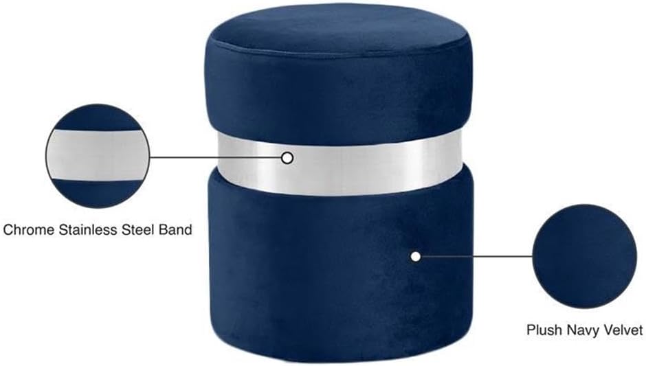 Meridian Furniture Hailey Collection Modern | Contemporary Velvet Upholstered Ottoman/Stool with Stainless Steel Band, 14.5" W x 14.5" D x 17.5" H, Navy