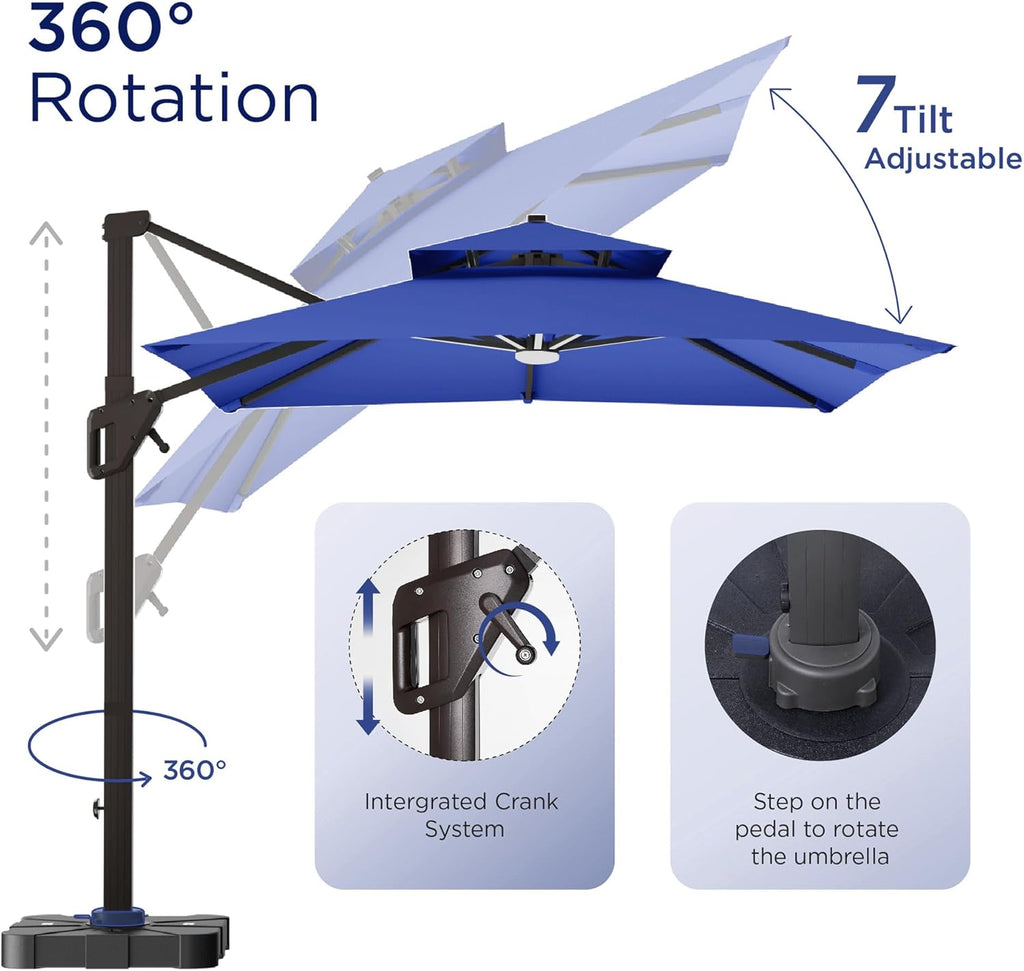 10' X 13' Patio Umbrella with LED Lights Outdoor Cantilever Large Rectangle Offset Umbrellas Heavy Duty Aluminum Double Top with 360-degree Rotation for Pool Garden Deck, Navy
