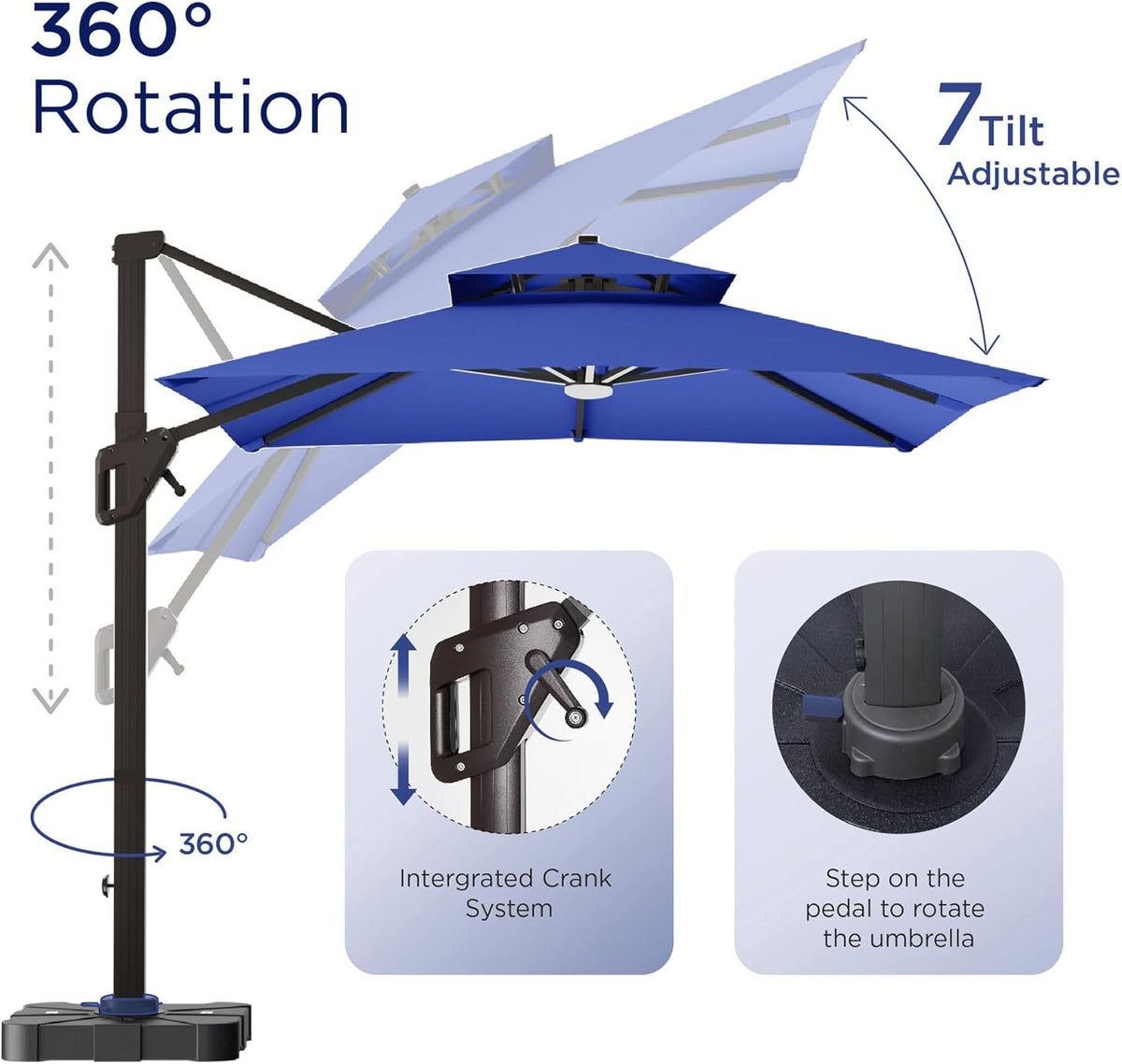 10' X 13' Patio Umbrella with LED Lights Outdoor Cantilever Large Rectangle Offset Umbrellas Heavy Duty Aluminum Double Top with 360-degree Rotation for Pool Garden Deck, Navy