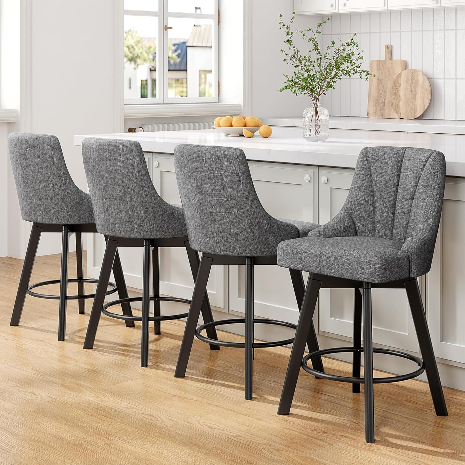 YaFiti Swivel Bar Stools with Backs, 24" Counter Height Bar Stools Set of 2, Fabric Upholstered Counter Barstools with Solid Wood Legs for Kitchen Island, Home Bar, Dark Gray