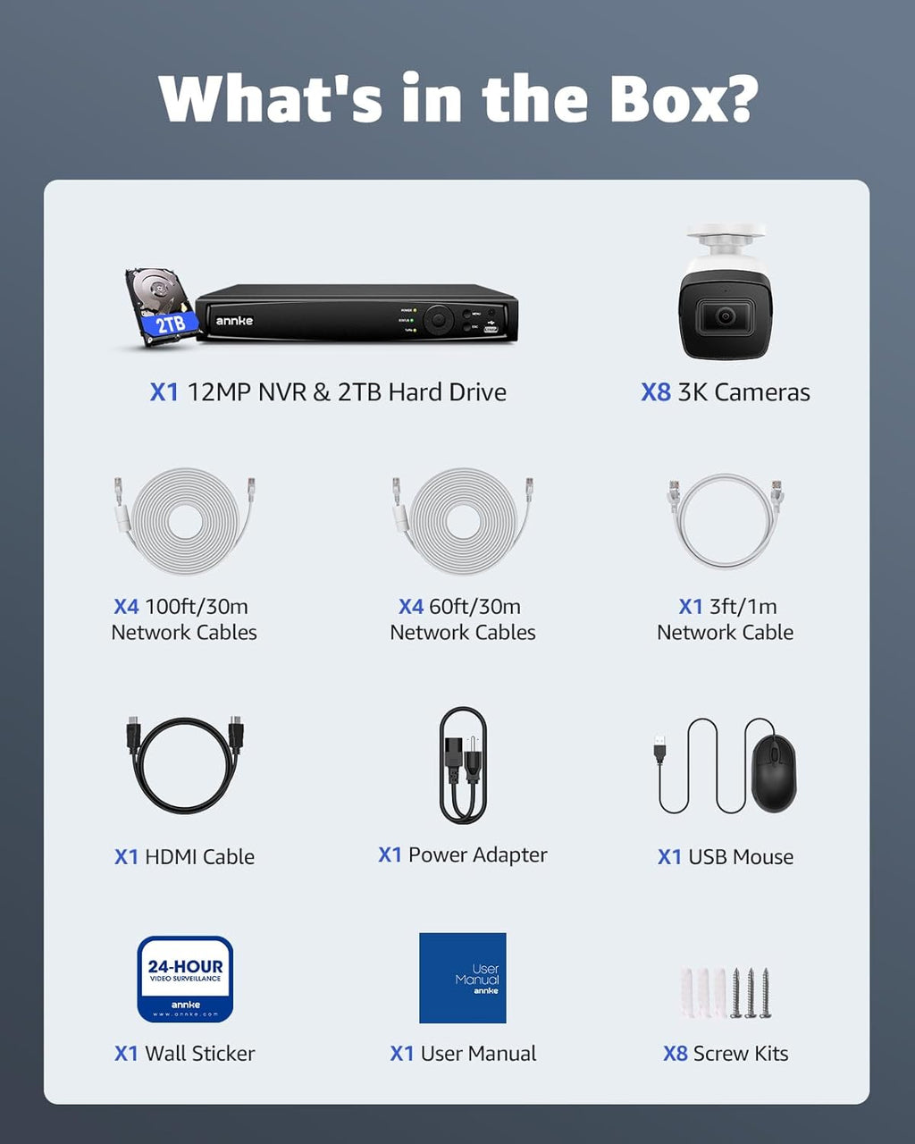 ANNKE 5MP Security Camera System, 16CH NVR Recorder with AI Motion Detection, 8X 3K IP PoE Wired Cams with Built-in Mic, IP67, 2.8mm Lens, Compatible with Alexa for Home Business Surveillance, 2TB HDD