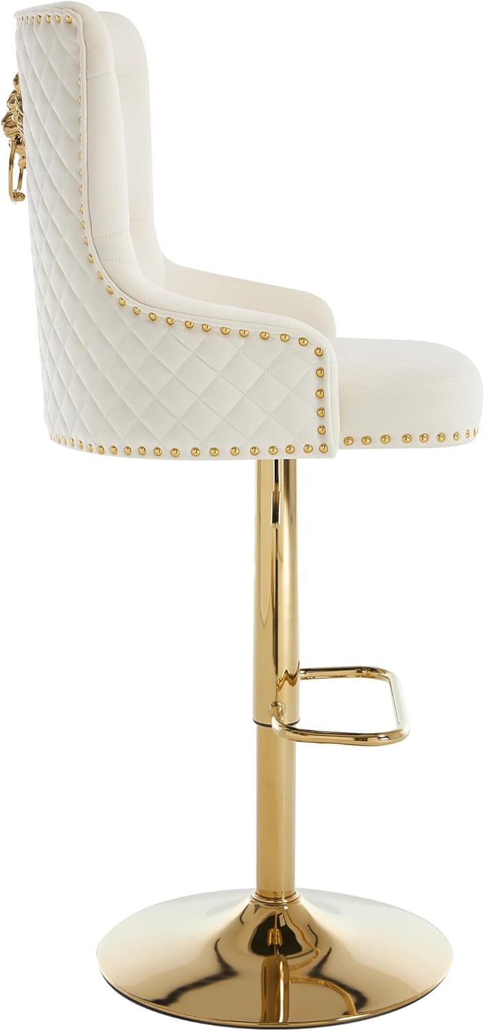Gold Bar Stools Set of 4, Modern Swivel Barstools with Lion Pull Ring, Height Adjustable Velvet Island Chairs Upholstered Bar Height Chairs for Kitchen Counter, Dining Room, Cream