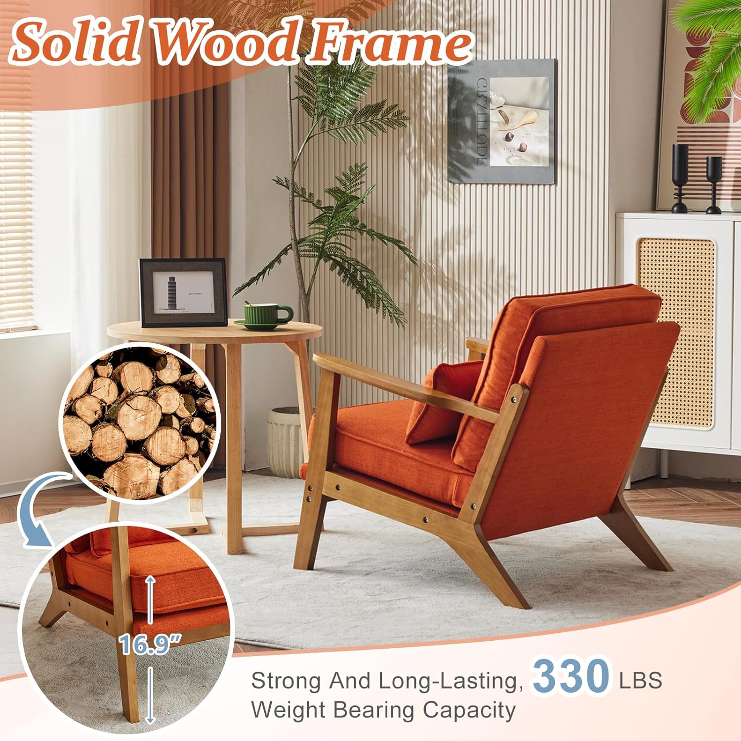 Vingli Solid Wood Wide Armrests Accent Chair Set of 2,Upholstered Mid Century Modern Chair with Pillow,Farmhouse Arm Chair Comfy Reading Chair,Chairs Living Room,Bedroom,Guest Room,Linen Fabric,Orange