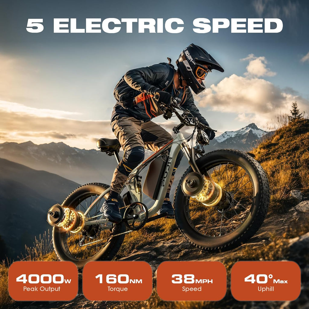 4000W Dual Motor Ebike with 52V 25Ah Removable Battery for Adults,Max Speed 38MPH Up to 100 Miles,24" Fat Tire Electric Bike for Snow Off-Road Commuter E-Bike for Men