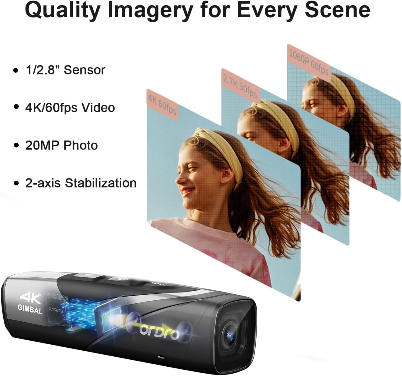 ORDRO EP8 4K Video Camera for Vlogging, 2.0 Gimbal Stabilizer Hands Free Wearable Vlog Camera, 4K 60FPS UHD Head Mounted Video Camera with Remote Control(Black)