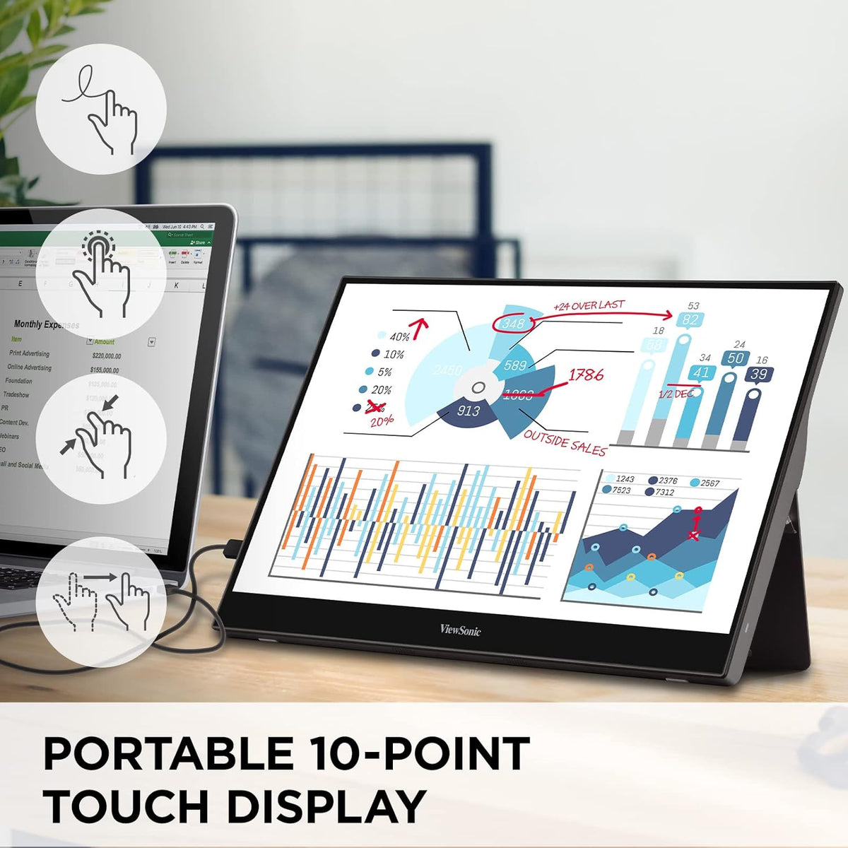 ViewSonic TD1655 15.6" 1080p IPS Touch Portable Monitor, 2 Way 60W USB C, Dual Speakers, Built in Stand with Cover (Renewed)