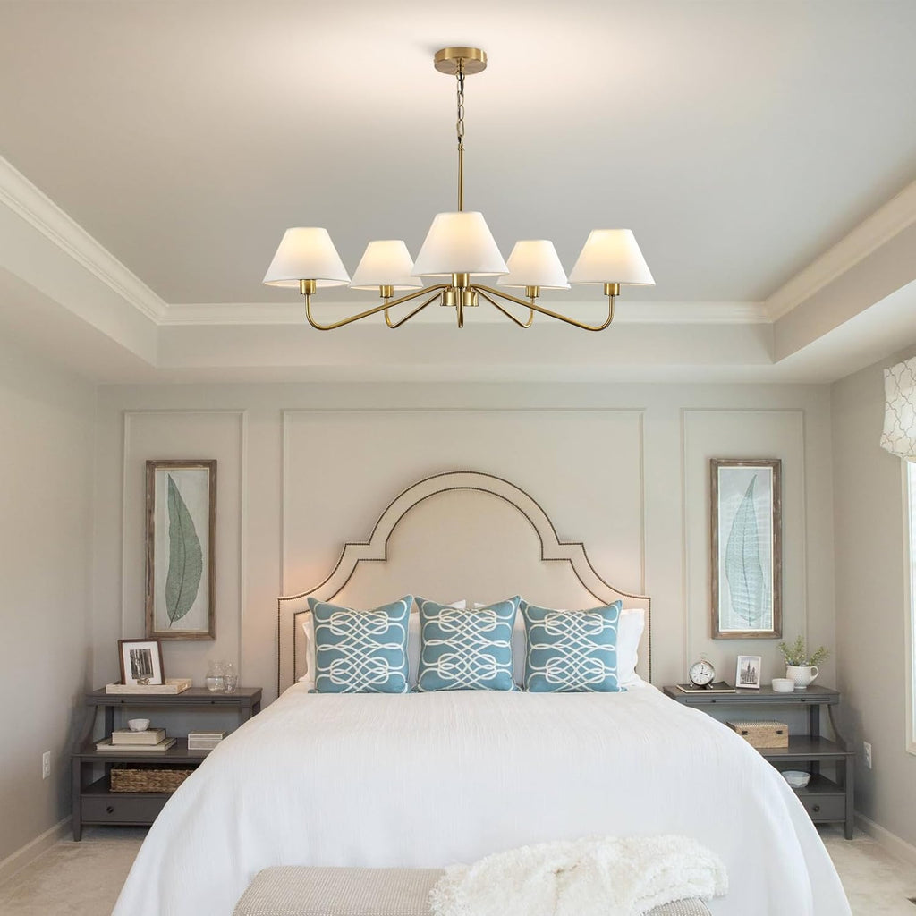 5-Light Gold Chandelier, 31.5" Brass Modern Chandeliers with White Fabric Shade, Classic Farmhouse Ceiling Light Fixture, Adjustable Pendant Light for Kitchen Living Room Dining Room Bedroom Entryway