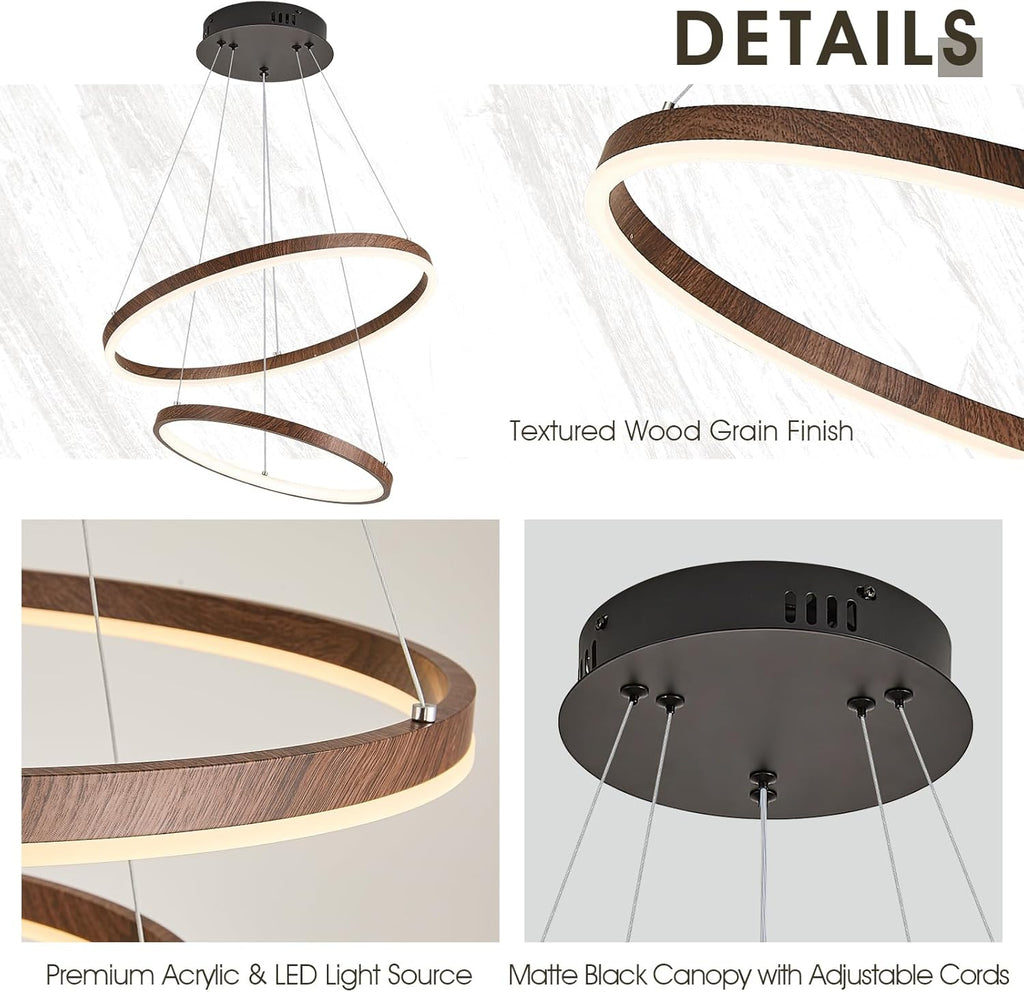 2 Rings Chandelier Modern LED Pendant Light for Dining Room Circular Round Chandelier Dimmable with Remote Wood Grain Hanging Ceiling Lights for Entryway Bedroom, 20 Inches 3000K-6500K