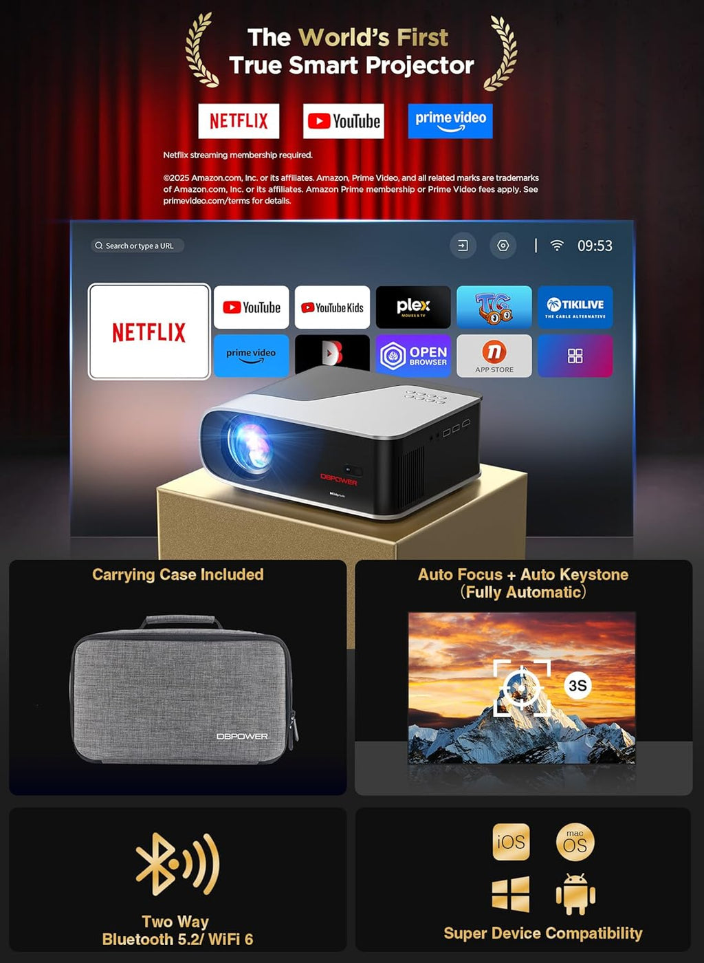 Auto Focus/Auto Keystone Smart Projector with WiFi and Bluetooth, Dolby Audio,DBPOWER Native 1080p Projector, Movie Projector, 50% Zoom with Carry Bag