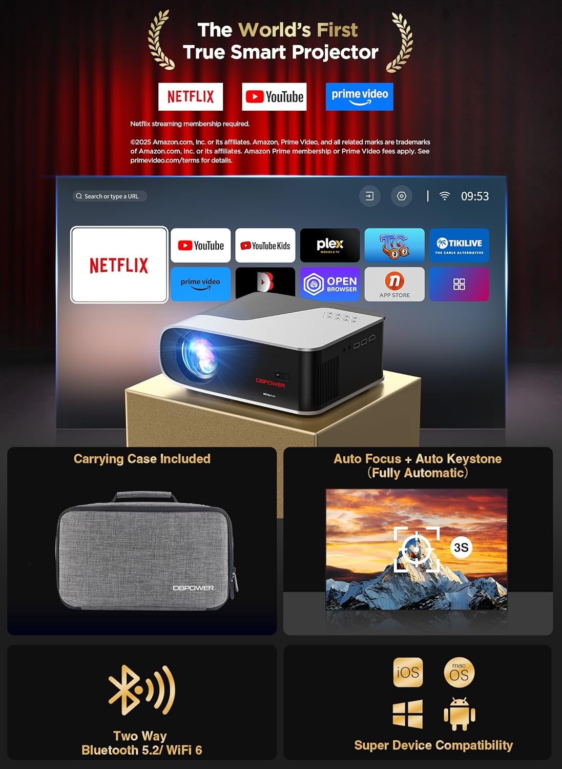 Auto Focus/Auto Keystone Smart Projector with WiFi and Bluetooth, Dolby Audio,DBPOWER Native 1080p Projector, Movie Projector, 50% Zoom with Carry Bag