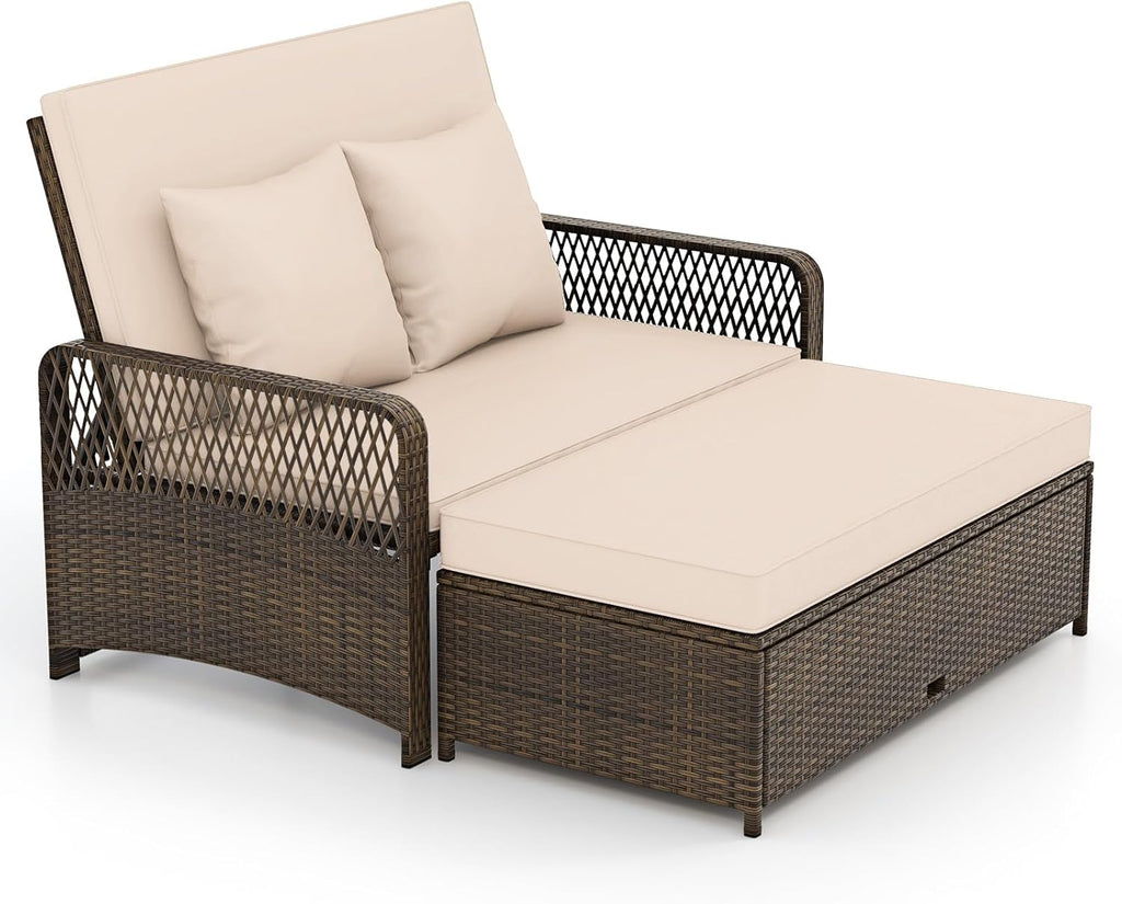 Tangkula Patio Rattan Daybed with 4-Level Adjustable Backrest, 2-Person Outdoor Wicker Loveseat with Storage Ottoman & Soft Cushions, Double Sunbed Lounger for Backyard, Porch, Poolside (Beige)