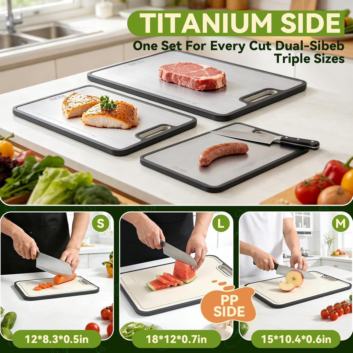 R FLORY Titanium Cutting Board for Kitchen Set of 3, 2-in-1 Double-Sided Chopping Board, Titanium/PP Large Cutting Boards, 18”x12”,(S+M+L)