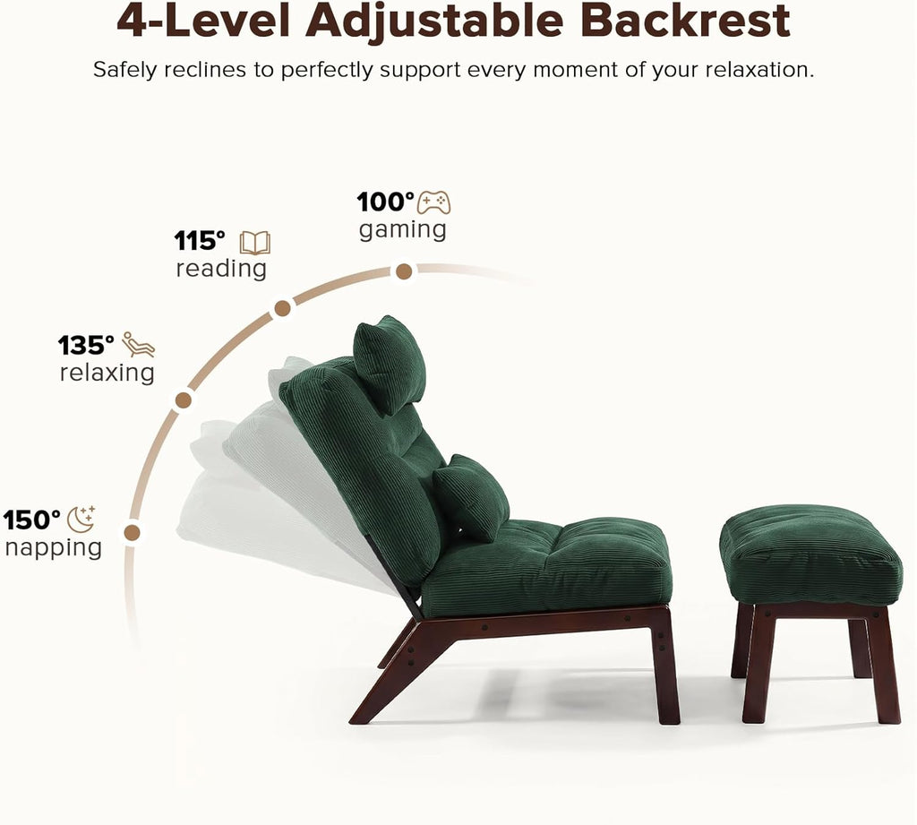 GEMBED Accent Chair with Ottoman Adjustable Backrest, Comfy Lounge Chair Single Sofa with Headrest Lumbar Pillow, Reading Chair with Footrest for Bedroom, Living Room, Garden, Green