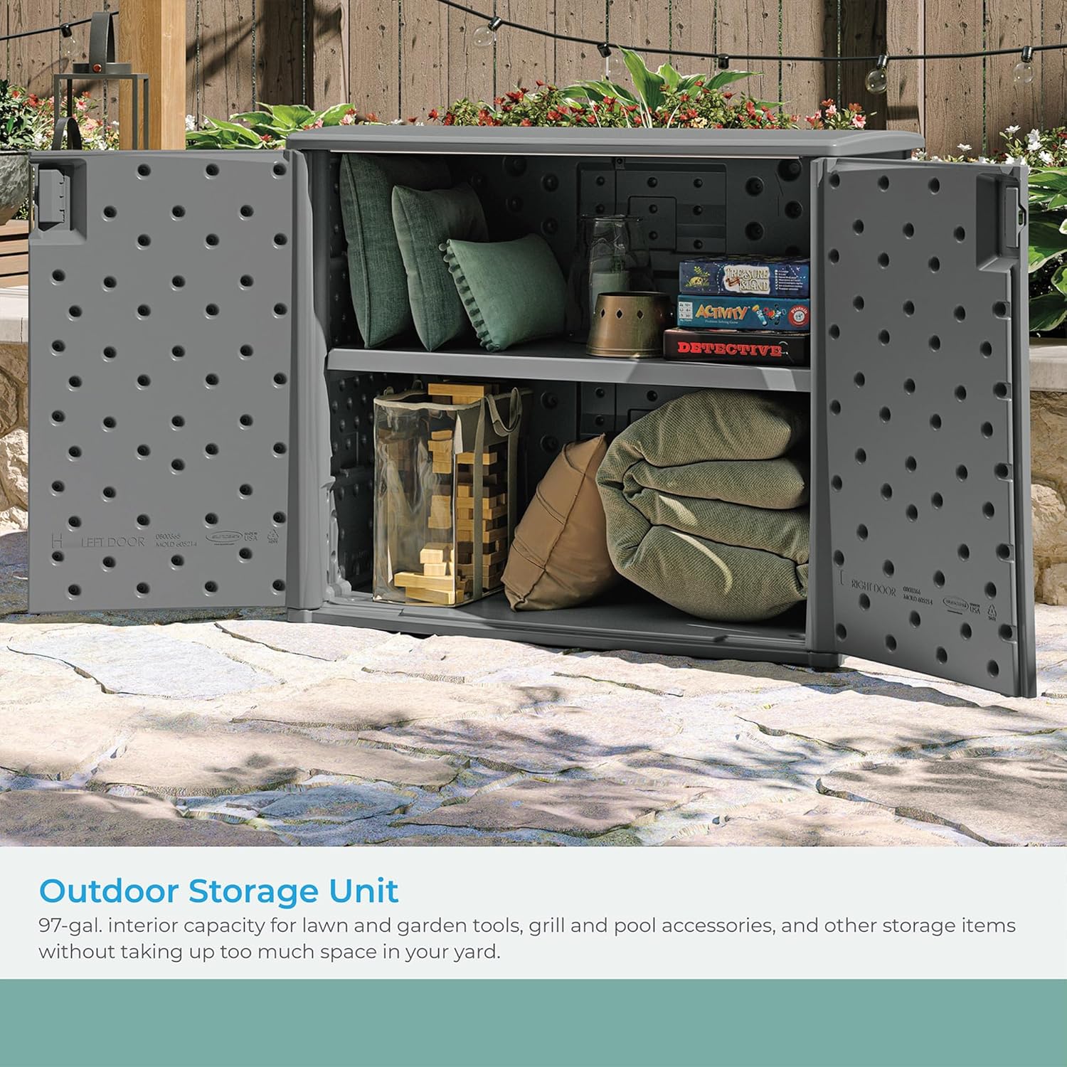 Suncast Resin Outdoor Storage Cabinet, Cool Gray Wicker Resin Outdoor Cabinet, Weatherproof, Lockable Outside Storage for Patio, Deck, Balcony, Porch, Backyard, or Garden, Made in The USA