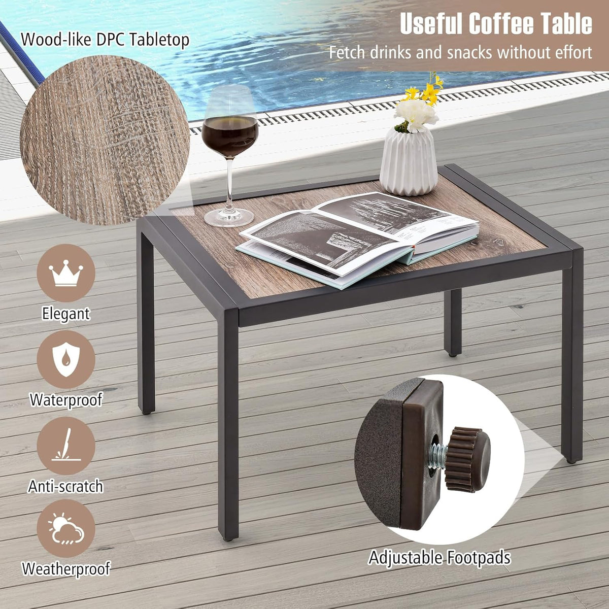 Tangkula 3 Piece Patio Chaise Lounge Set, Aluminum Patio Recliner with Coffee Table, 6-Level Backrest Adjustment, Outdoor Lounge Chair & Side Table Set for Poolside, Backyard (Brown)