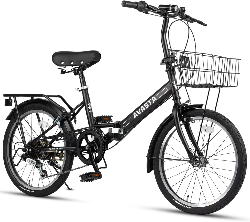 AVASTA Quartet 20 24 Inch Folding Bike with 7-Speed, Dual C-Brake, Fender, Rear Rack and Bicycle Basket, Mutiple Colors