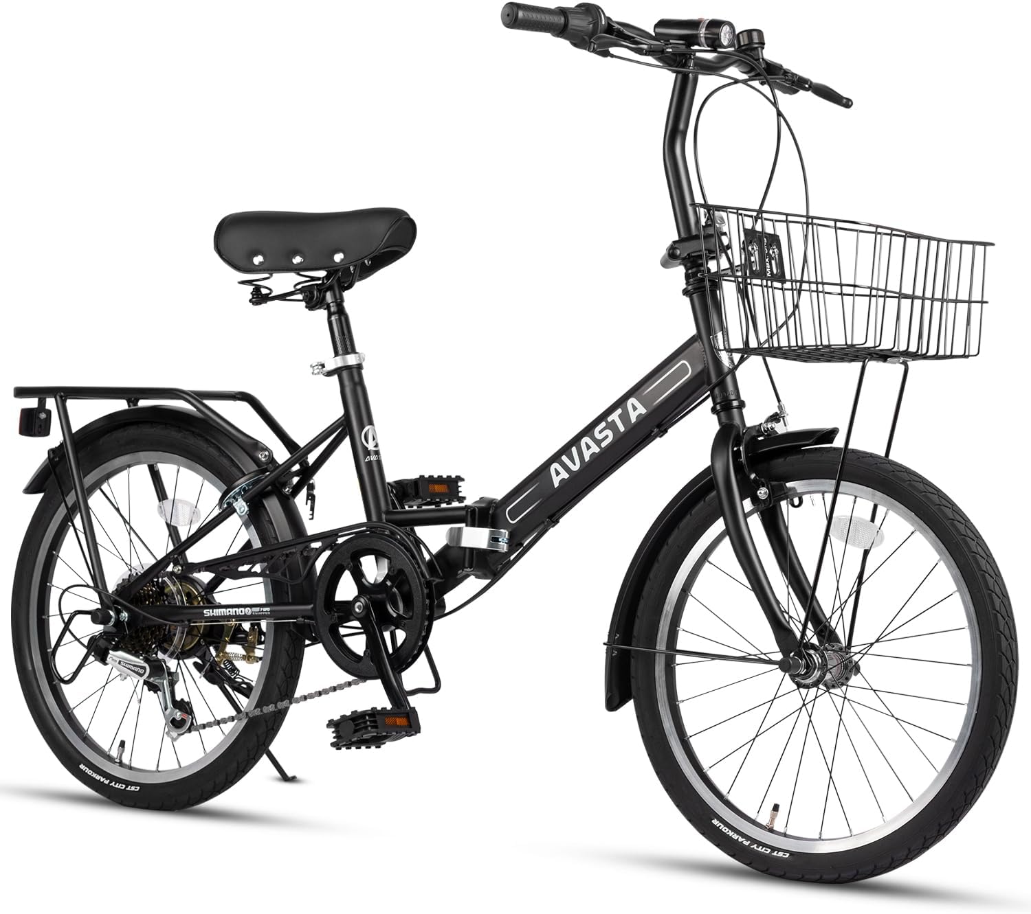 AVASTA Quartet 20 24 Inch Folding Bike with 7-Speed, Dual C-Brake, Fender, Rear Rack and Bicycle Basket, Mutiple Colors