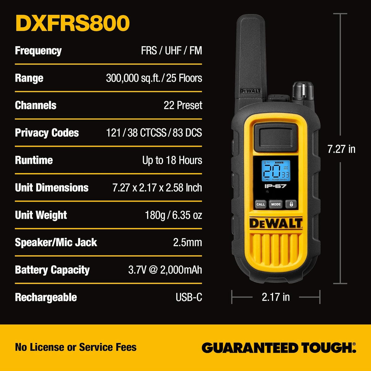 DEWALT DXFRS800 FRS Walkie Talkies, Long Range 2 Way Radio, 2W, IP67 Waterproof, Rechargeable, 2 Pack, DXFRS800